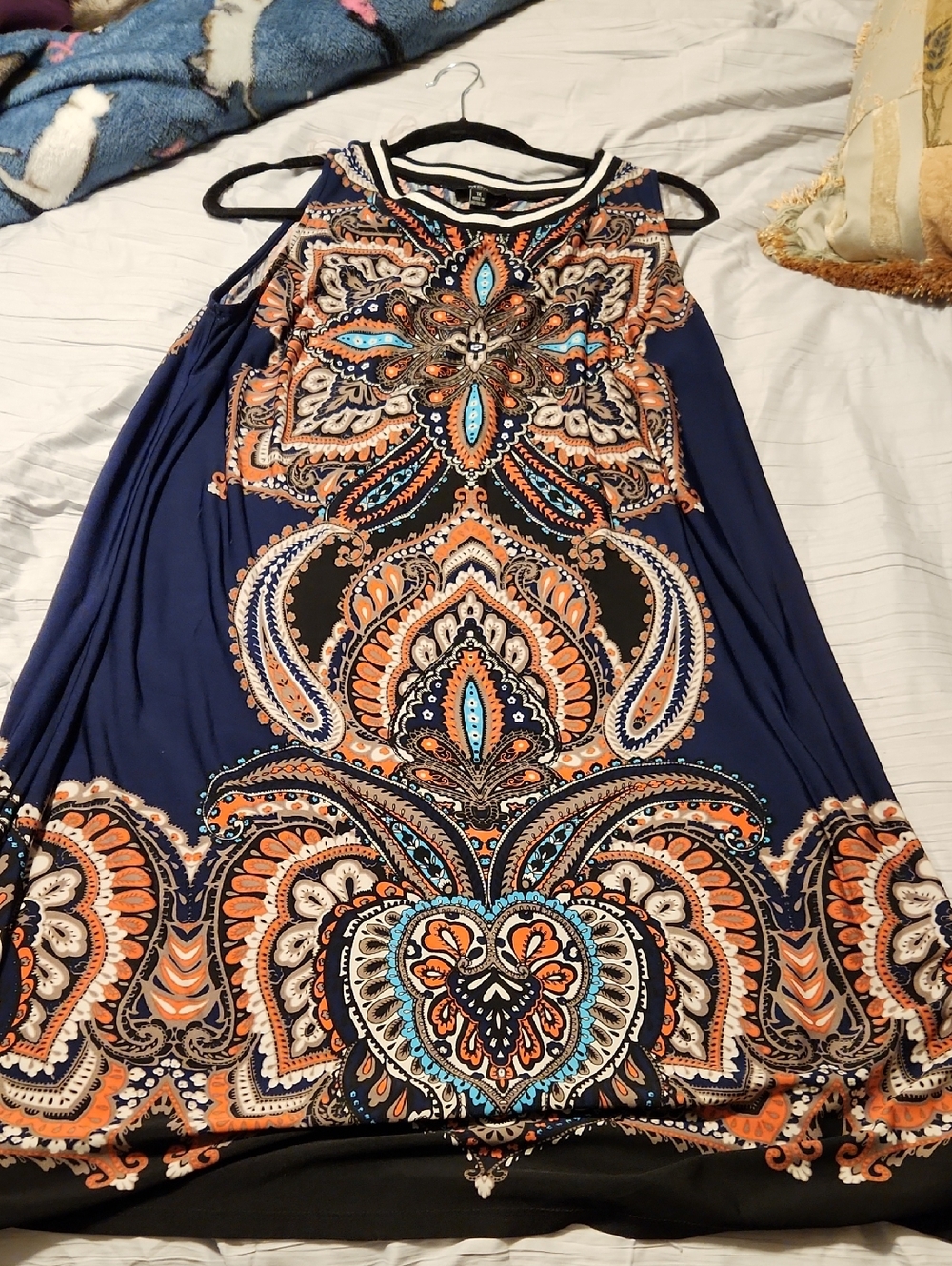 MSK Navy Paisley Mini Dress with Orange & Teal Accents